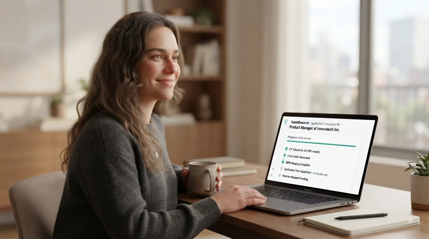 Relaxed professional woman sitting at a modern desk with a laptop, looking confident and calm